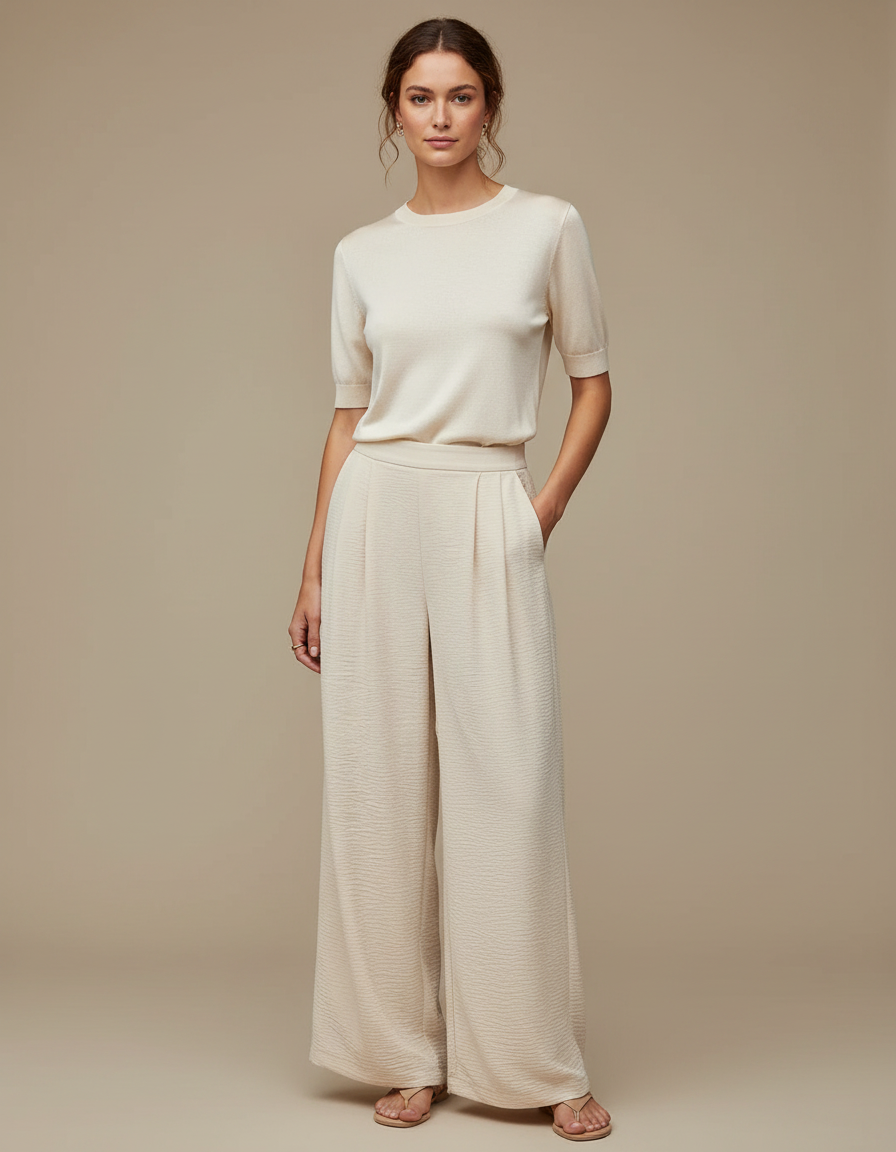 Pantalon À Pince Crème Plissé Ample Fluide Élégant - Beige Viscose