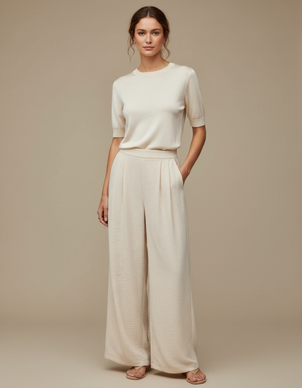 Pantalon À Pince Crème Plissé Ample Fluide Élégant - Beige Viscose