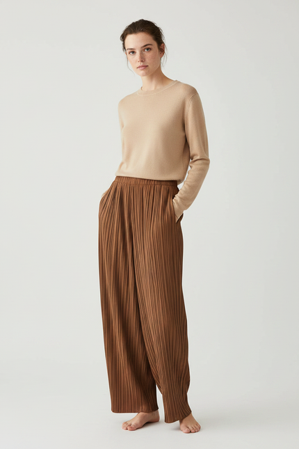 Pantalon À Pince Plissé Marron Ample Fluide - Polyester