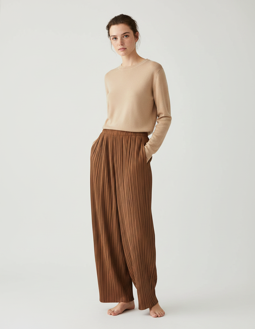 Pantalon À Pince Plissé Marron Ample Fluide - Polyester