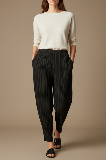 Pantalon À Pince Noir Plissé Fluide Ample Femme - Polyester