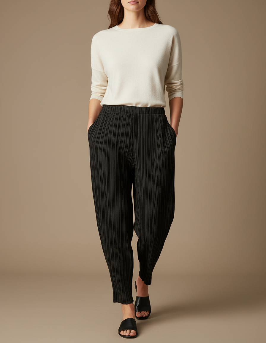 Pantalon À Pince Noir Plissé Fluide Ample Femme - Polyester