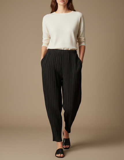 Pantalon À Pince Noir Plissé Fluide Ample Femme - Polyester