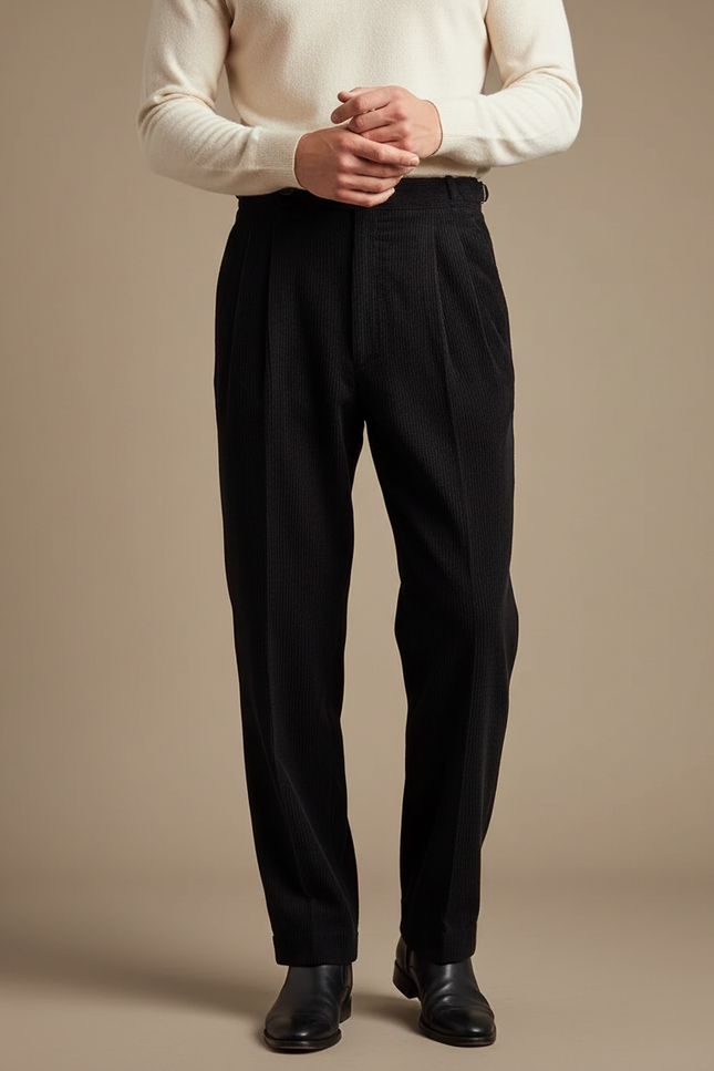 Pantalon À Pince Noir Côtelé Plissé Droit Formel Homme - Cordé