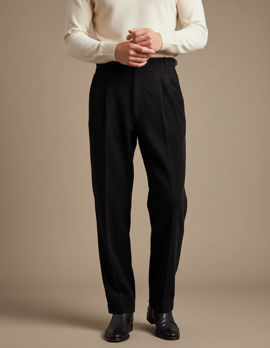 Pantalon À Pince Noir Côtelé Plissé Droit Formel Homme - Cordé