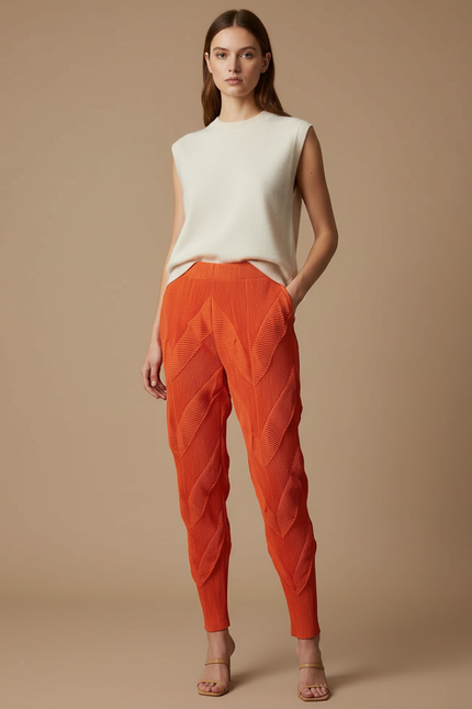 Pantalon À Pince Plissé Orange Sculptural Élastique - Polyester
