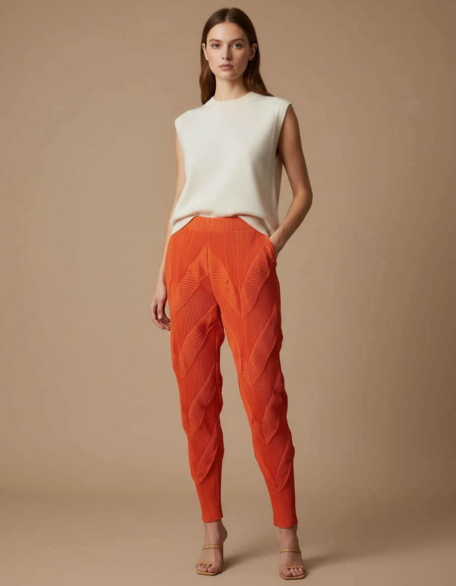 Pantalon À Pince Plissé Orange Sculptural Élastique - Polyester