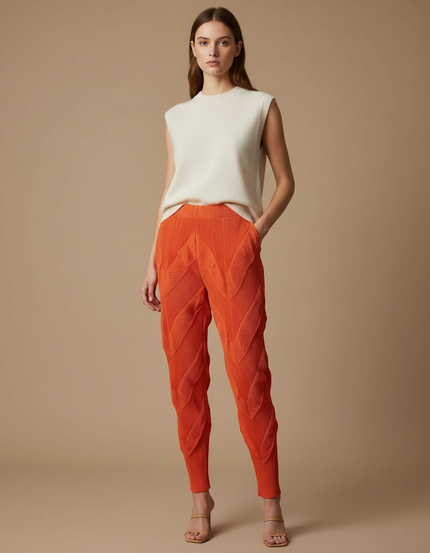 Pantalon À Pince Plissé Orange Sculptural Élastique - Polyester