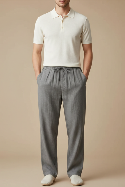 Pantalon À Pince Gris Coton Décontracté Ample Cordon - Lin