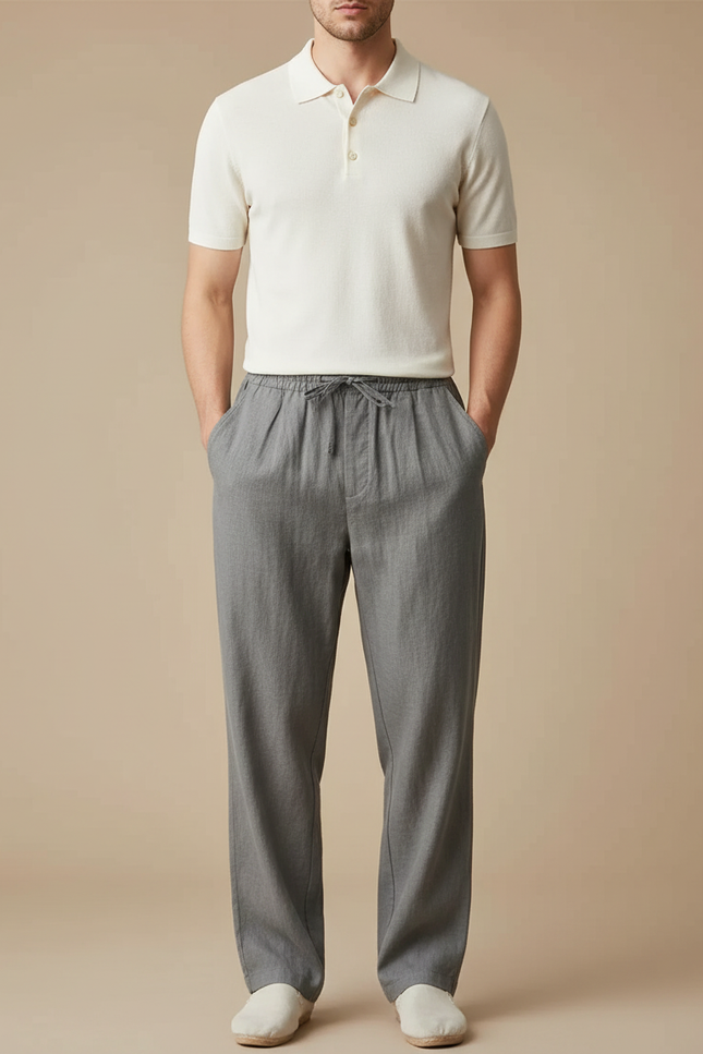Pantalon À Pince Gris Coton Décontracté Ample Cordon - Lin
