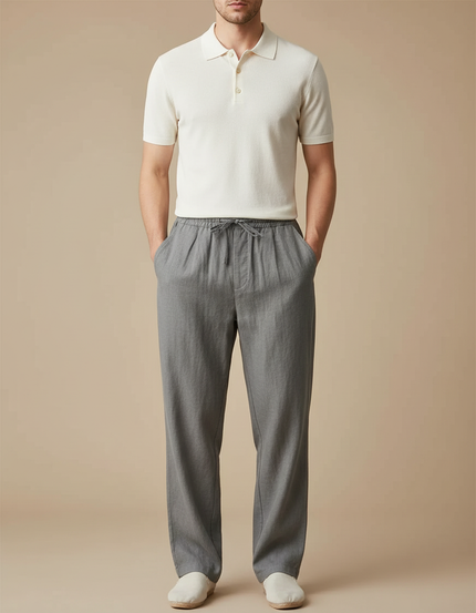 Pantalon À Pince Gris Coton Décontracté Ample Cordon - Lin