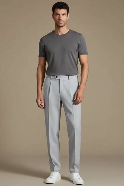 Pantalon À Pince Gris Clair, Plissé, Droit, Élégant - Gabardine
