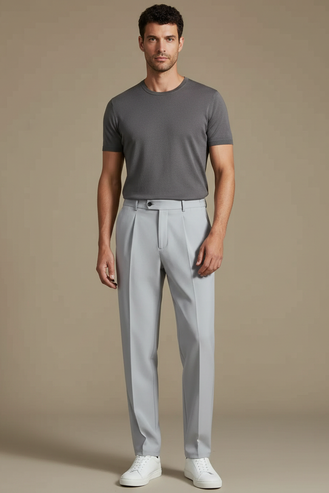 Pantalon À Pince Gris Clair, Plissé, Droit, Élégant - Gabardine