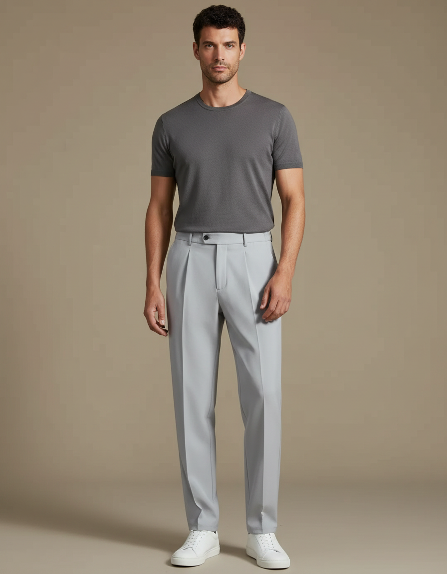 Pantalon À Pince Gris Clair, Plissé, Droit, Élégant - Gabardine