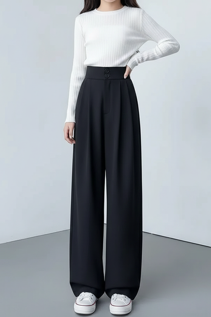 Pantalon À Pince Noir Taille Haute Ample Fluide Élégant Femme - Polyester