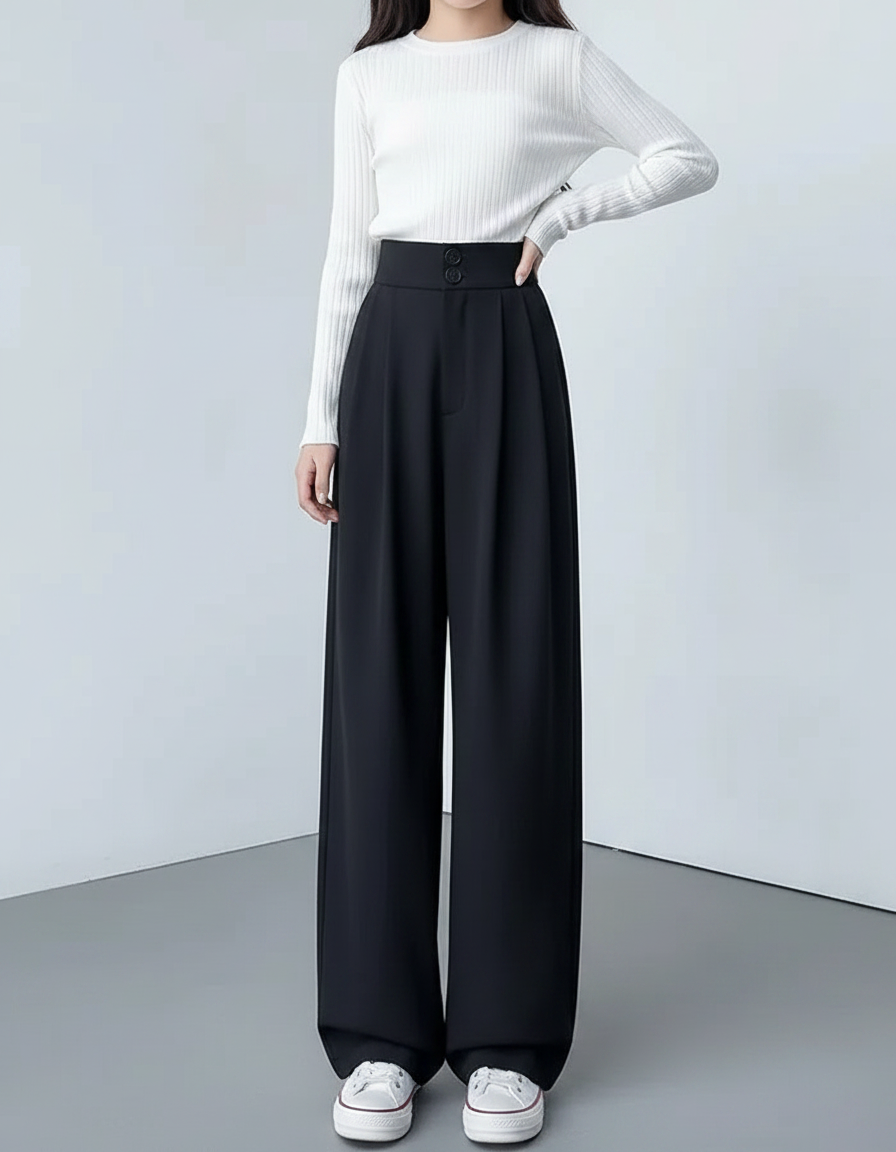 Pantalon À Pince Noir Taille Haute Ample Fluide Élégant Femme - Polyester