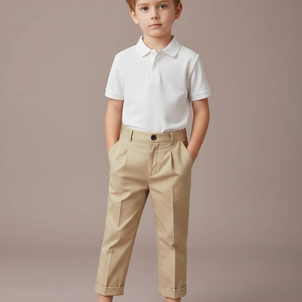 Pantalon À Pince Beige Plissé Coton Droit Enfant Élégant - Gabardine
