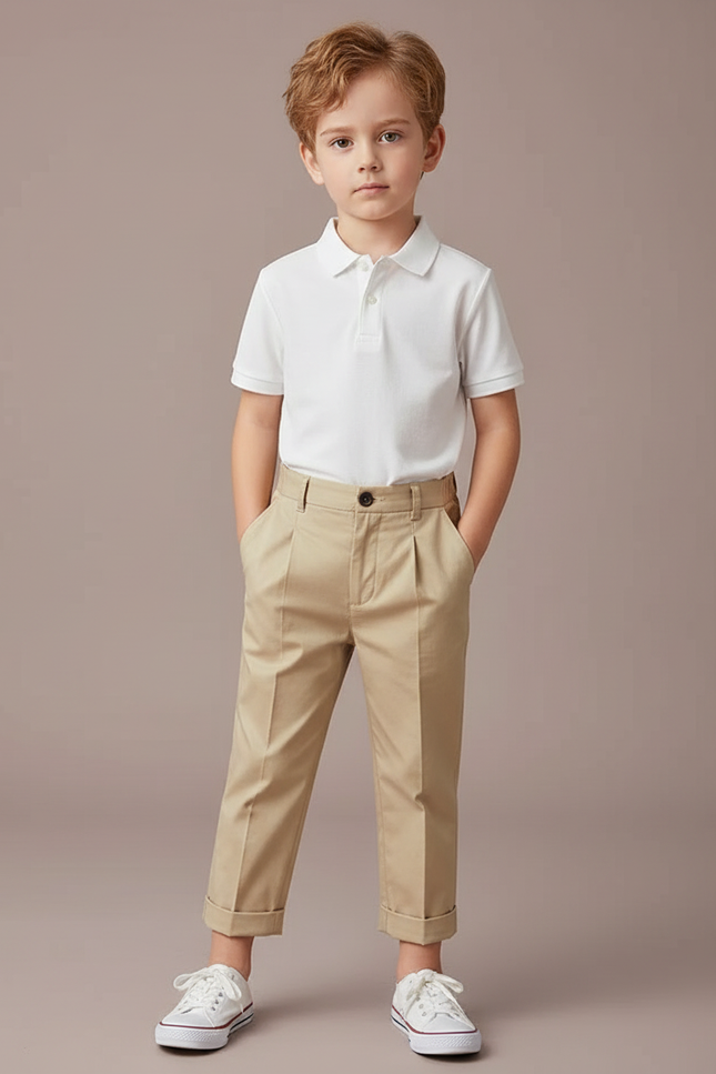 Pantalon À Pince Beige Plissé Coton Droit Enfant Élégant - Gabardine