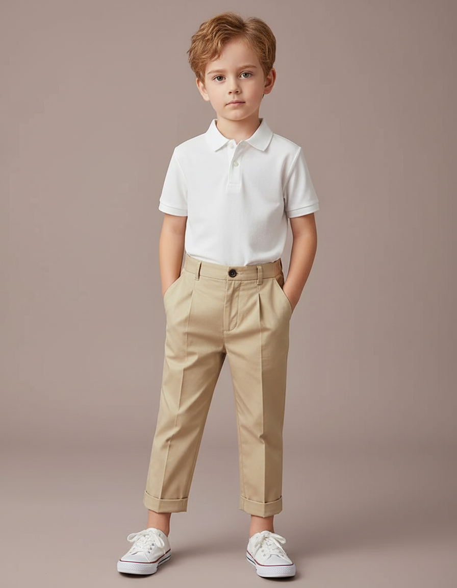 Pantalon À Pince Beige Plissé Coton Droit Enfant Élégant - Gabardine