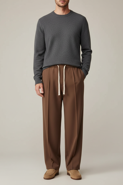Pantalon À Pince Marron Droit Ample Décontracté Homme - Polyester
