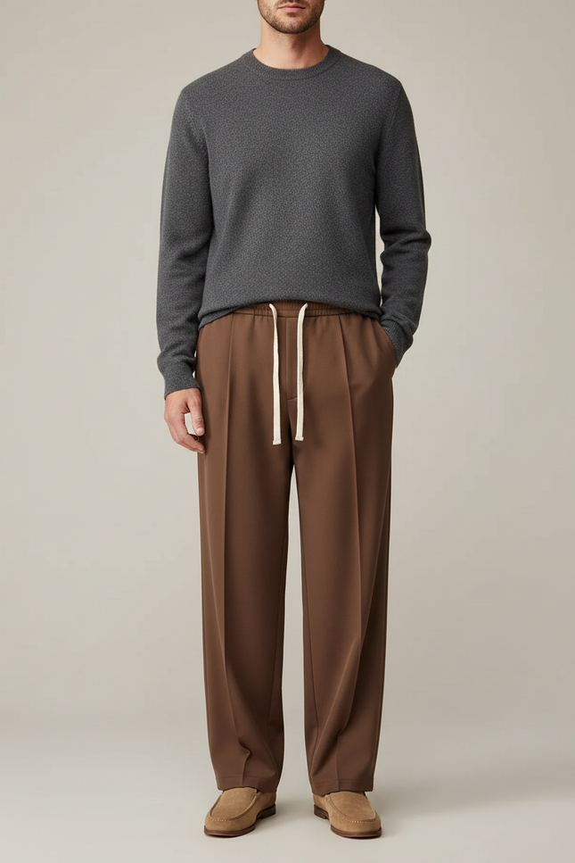 Pantalon À Pince Marron Droit Ample Décontracté Homme - Polyester
