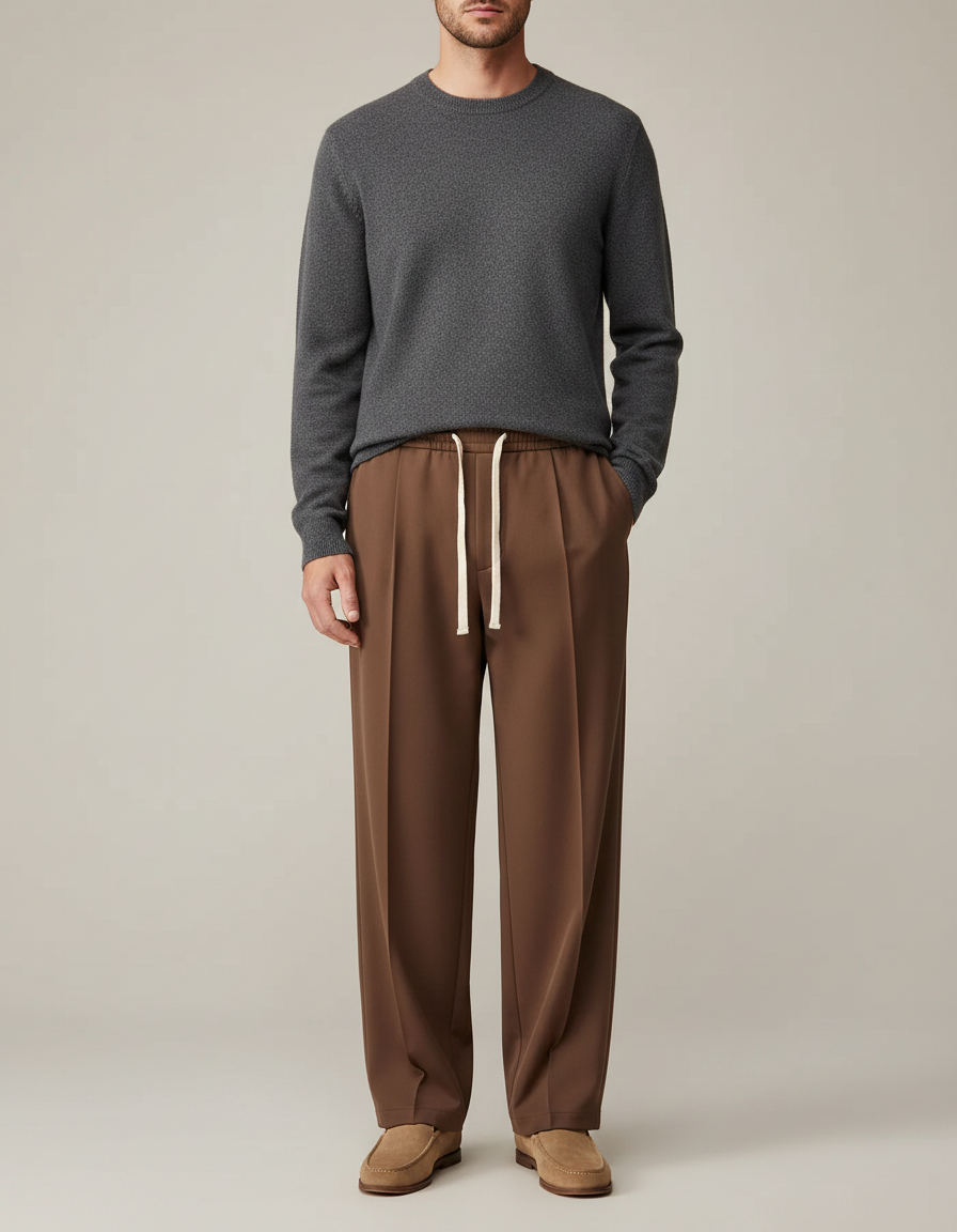 Pantalon À Pince Marron Droit Ample Décontracté Homme - Polyester