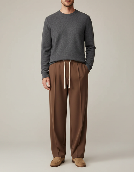 Pantalon À Pince Marron Droit Ample Décontracté Homme - Polyester