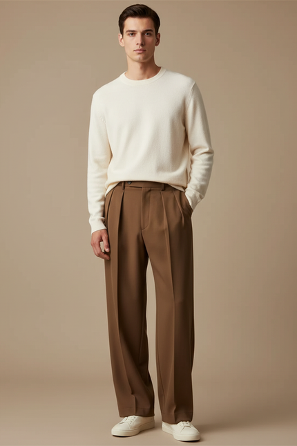 Pantalon À Pince Marron Droit Plissé Décontracté Homme - Gabardine