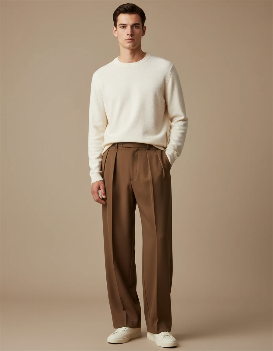 Pantalon À Pince Marron Droit Plissé Décontracté Homme - Gabardine