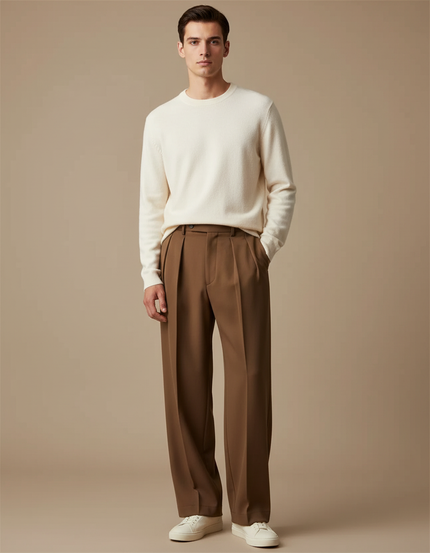 Pantalon À Pince Marron Droit Plissé Décontracté Homme - Gabardine