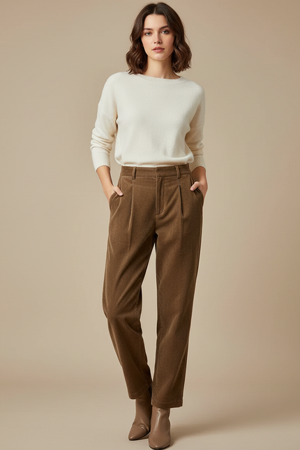 Pantalon À Pince Marron Côtelé Ample Plissé Décontracté Femme - Cordé