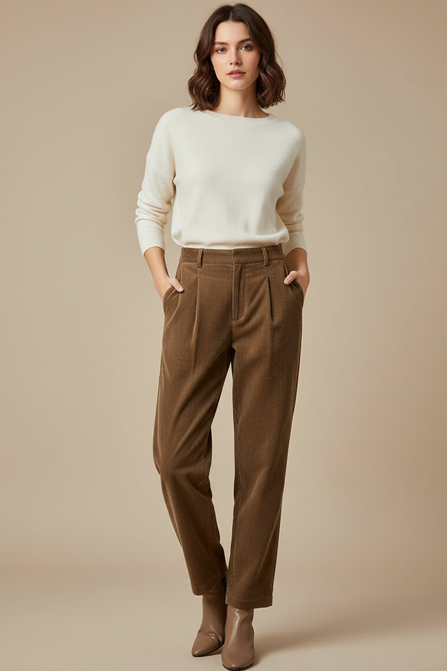 Pantalon À Pince Marron Côtelé Ample Plissé Décontracté Femme - Cordé