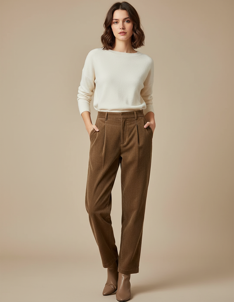 Pantalon À Pince Marron Côtelé Ample Plissé Décontracté Femme - Cordé
