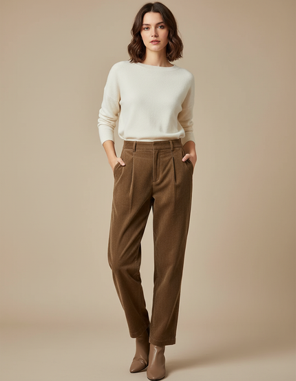 Pantalon À Pince Marron Côtelé Ample Plissé Décontracté Femme - Cordé