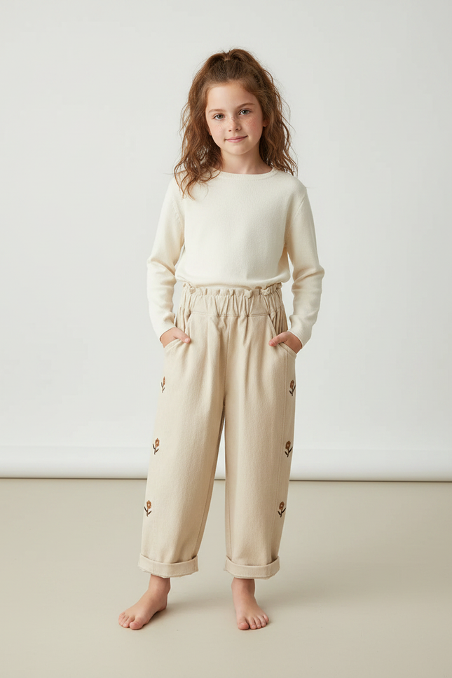 Pantalon À Pince Beige Brodé Fleur Ample Coton - Molleton