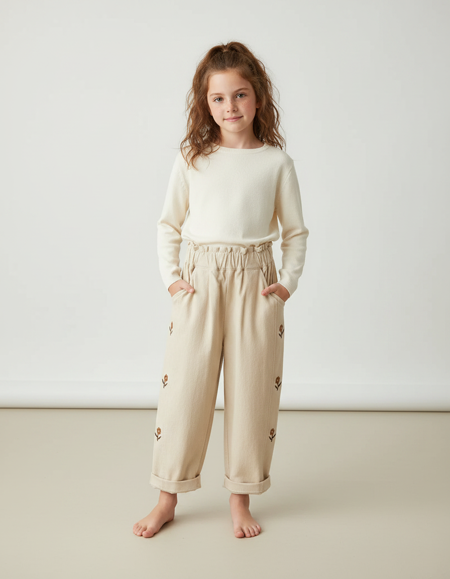 Pantalon À Pince Beige Brodé Fleur Ample Coton - Molleton