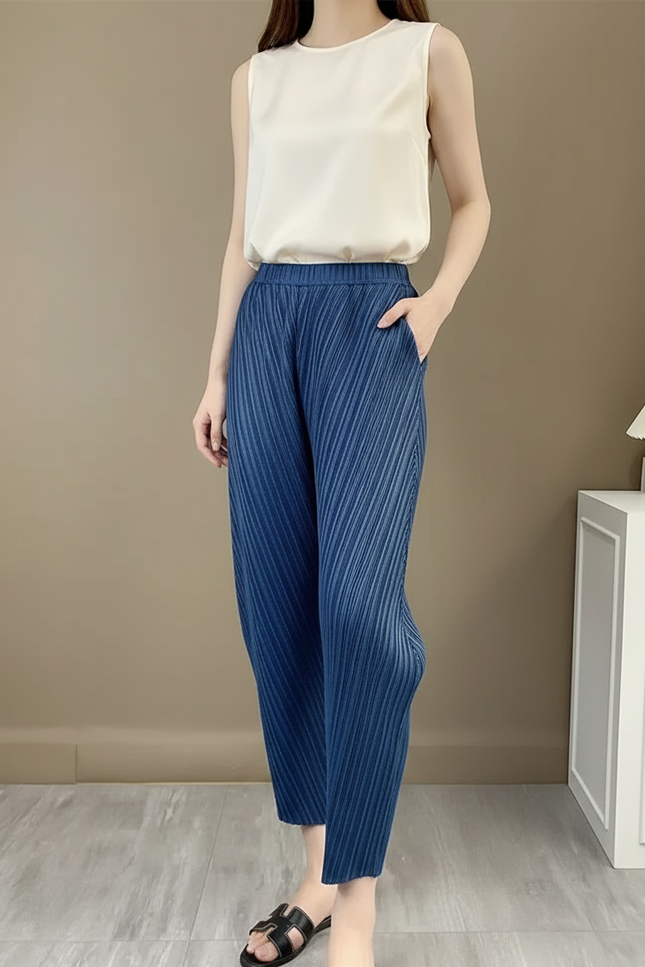 Pantalon À Pince Bleu Plissé Ample Décontracté Femme - Polyester