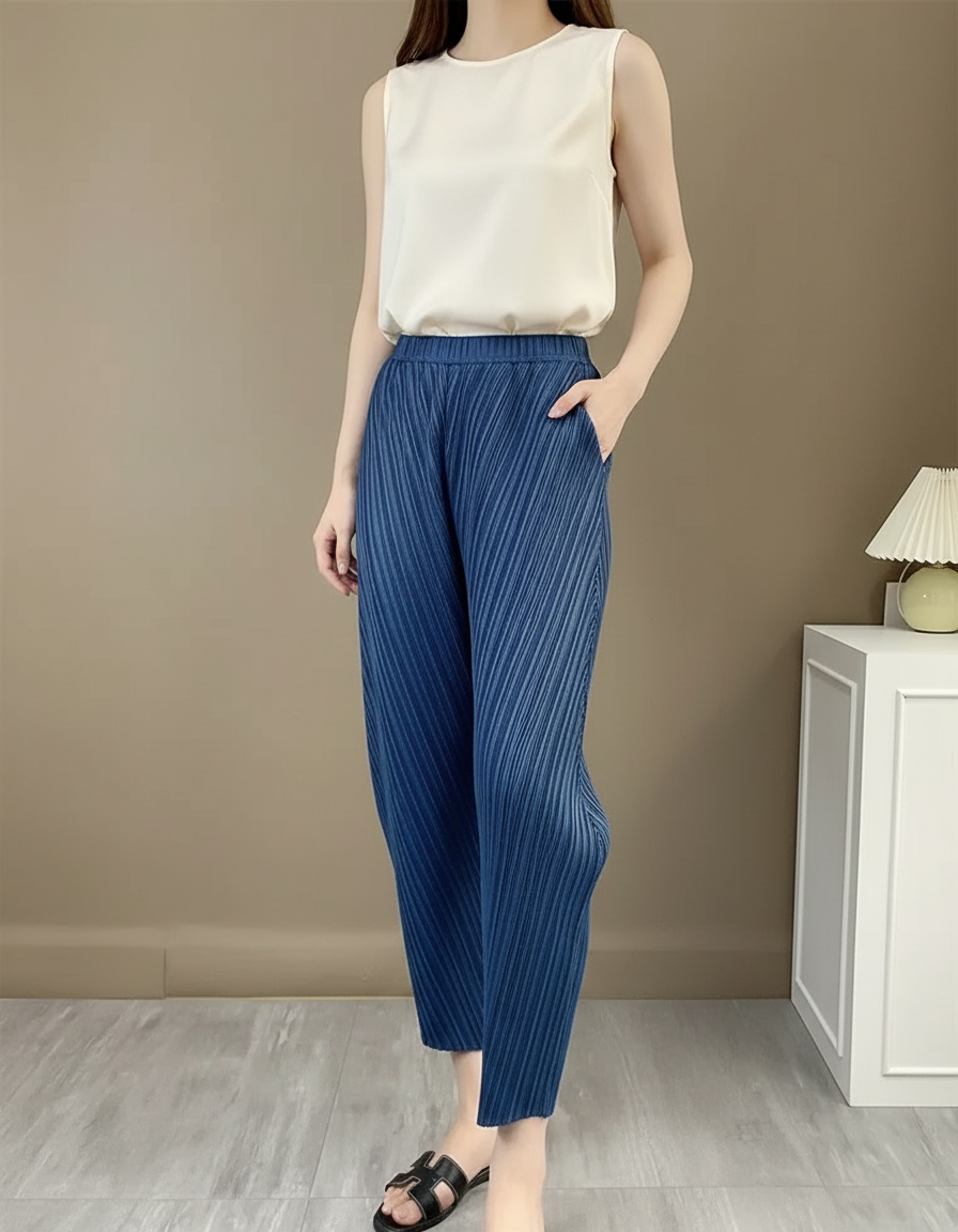 Pantalon À Pince Bleu Plissé Ample Décontracté Femme - Polyester