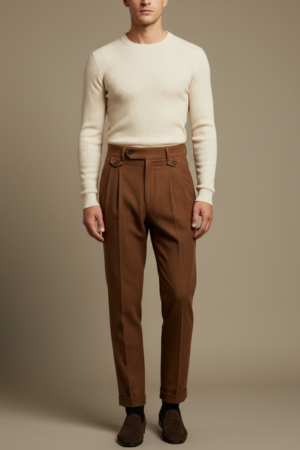 Pantalon À Pince Marron Carreaux Laine Plissé Droit Homme Élégant