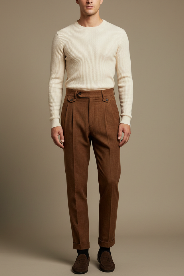 Pantalon À Pince Marron Carreaux Laine Plissé Droit Homme Élégant
