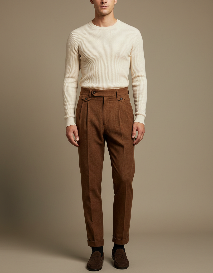 Pantalon À Pince Marron Carreaux Laine Plissé Droit Homme Élégant