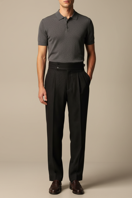 Pantalon À Pince Noir Plissé Taille Haute Homme Élégant - Laine