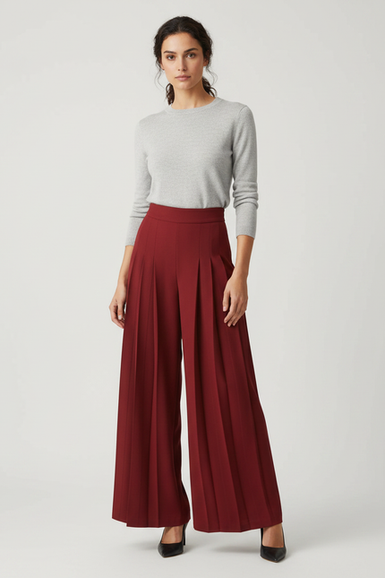 Pantalon À Pince Bordeaux Plissé Ample Taille Haute - Polyester