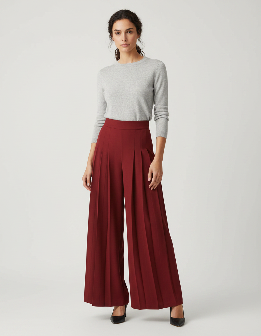 Pantalon À Pince Bordeaux Plissé Ample Taille Haute - Polyester