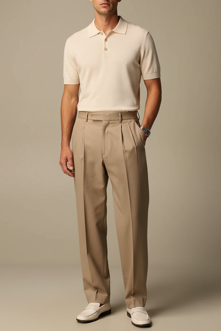 Pantalon À Pince Beige Plissé Ample Homme Élégant - Gabardine