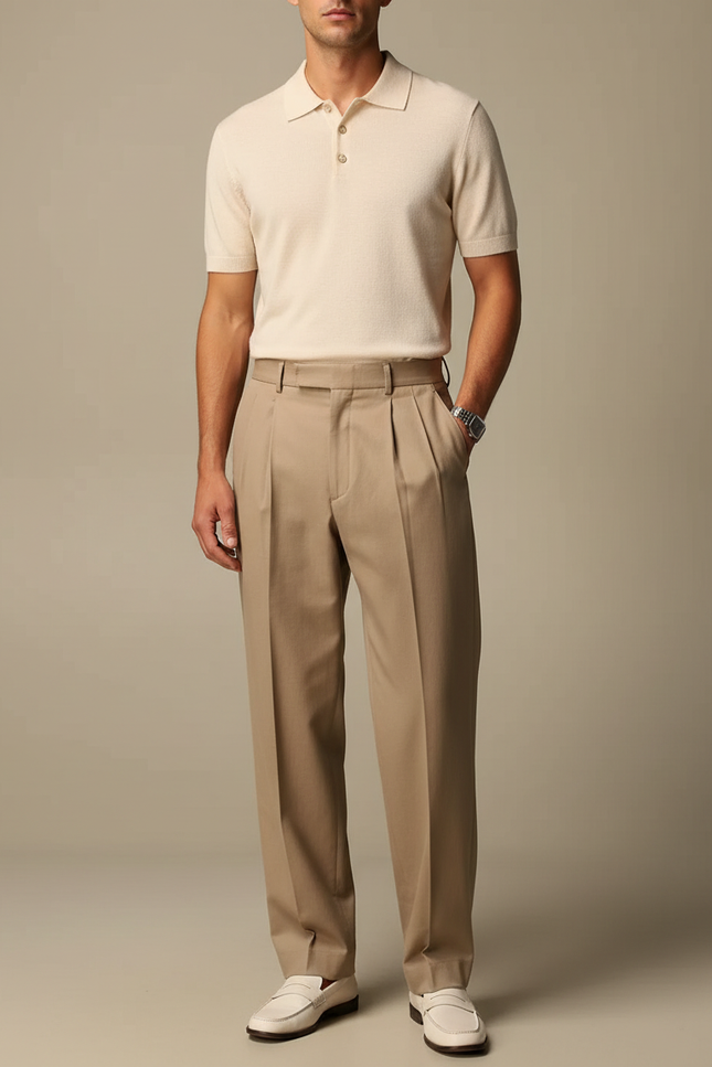 Pantalon À Pince Beige Plissé Ample Homme Élégant - Gabardine