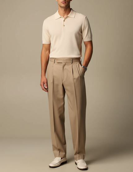 Pantalon À Pince Beige Plissé Ample Homme Élégant - Gabardine