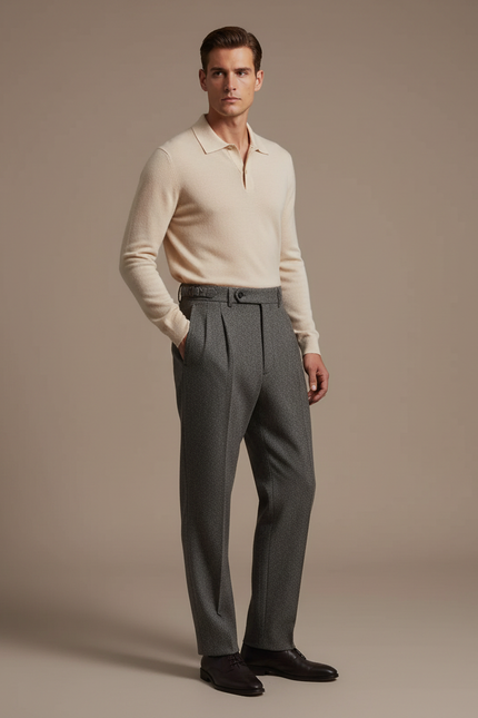 Pantalon À Pince Gris Laine Plissé Droit Homme