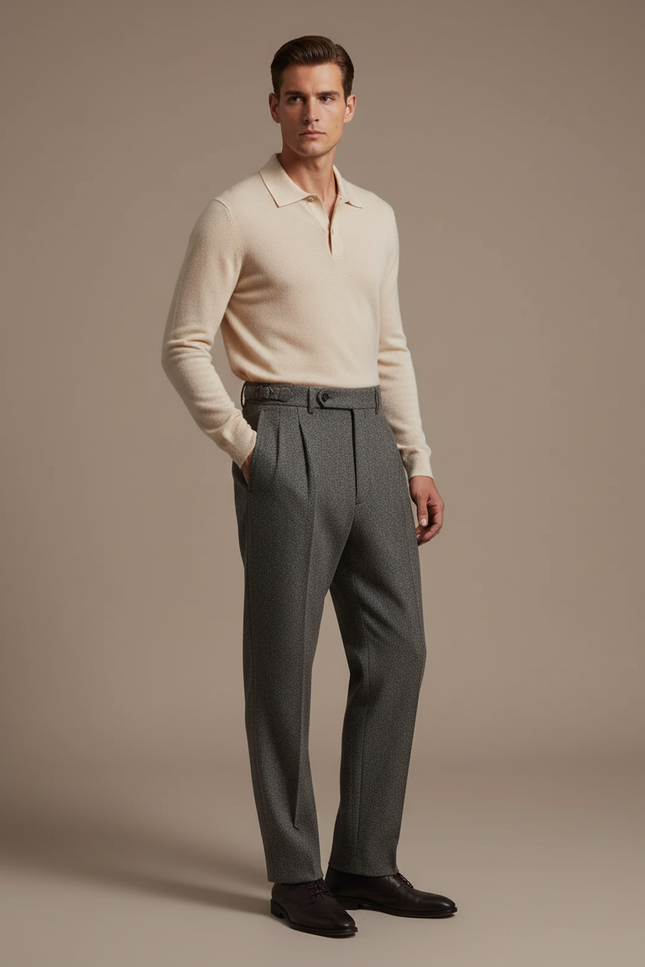 Pantalon À Pince Gris Laine Plissé Droit Homme