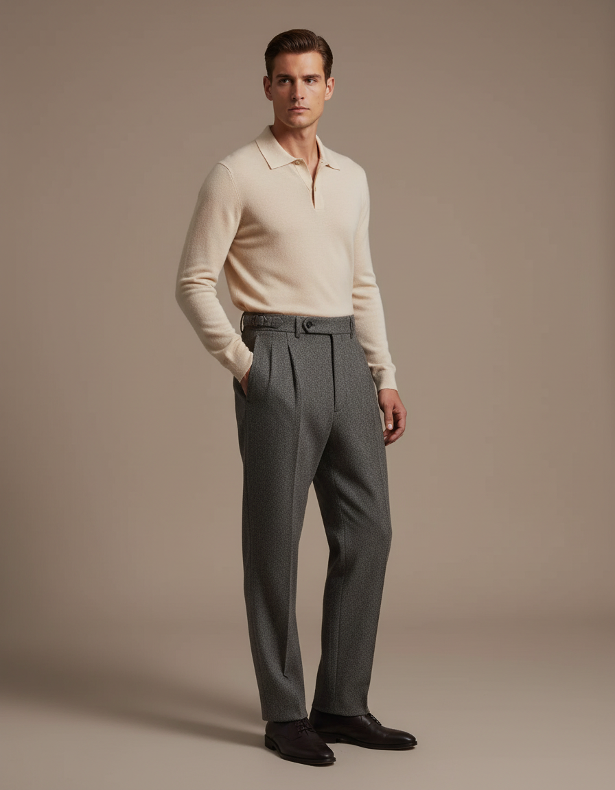 Pantalon À Pince Gris Laine Plissé Droit Homme